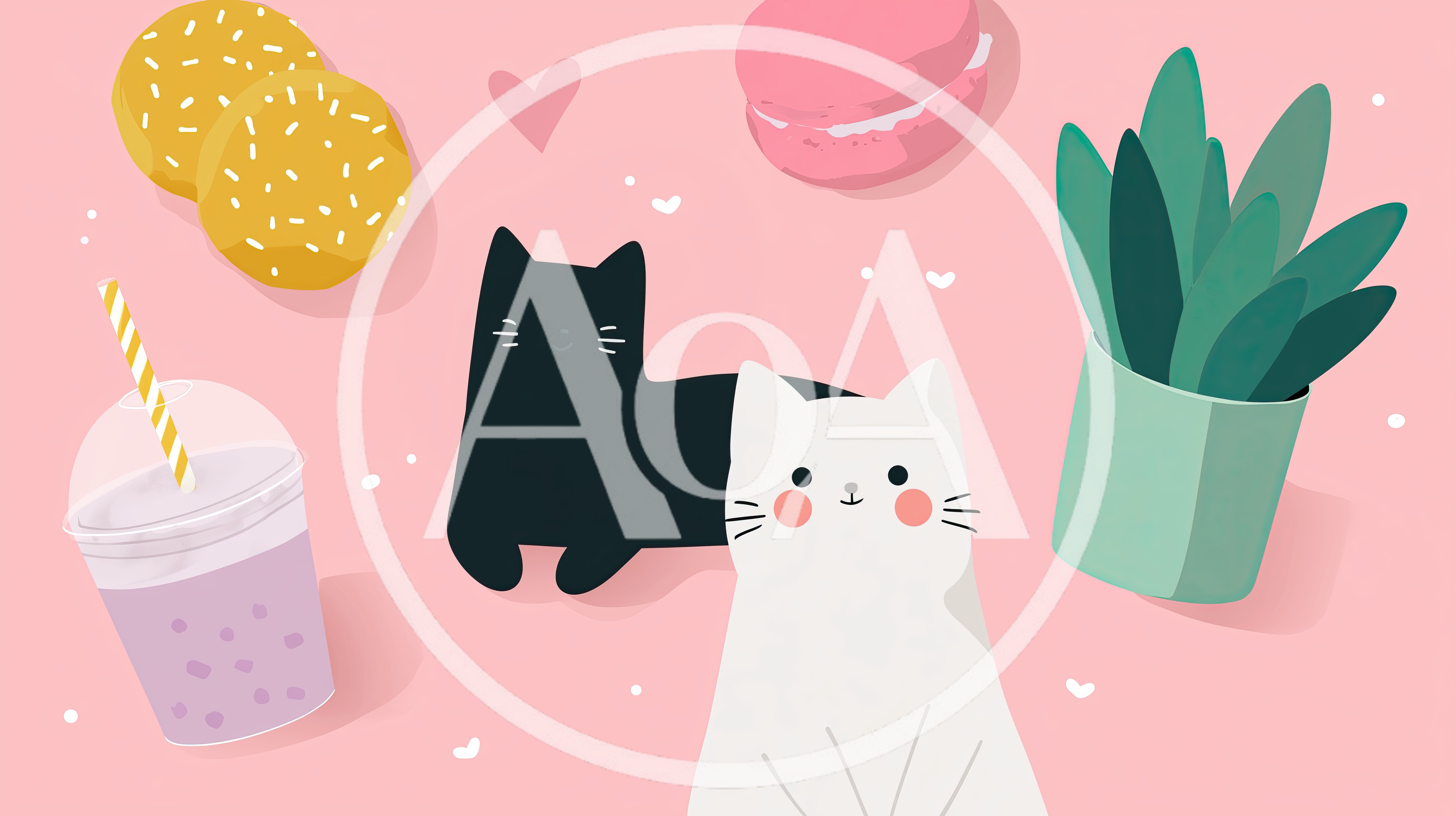 Cute Cartoon Cats With Snacks And Plant