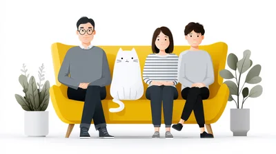 Family Sitting Together On A Yellow Sofa