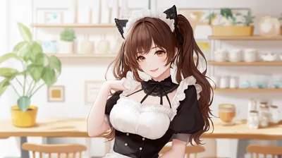 Anime Style Maid Girl With Cat Ears In Cafe