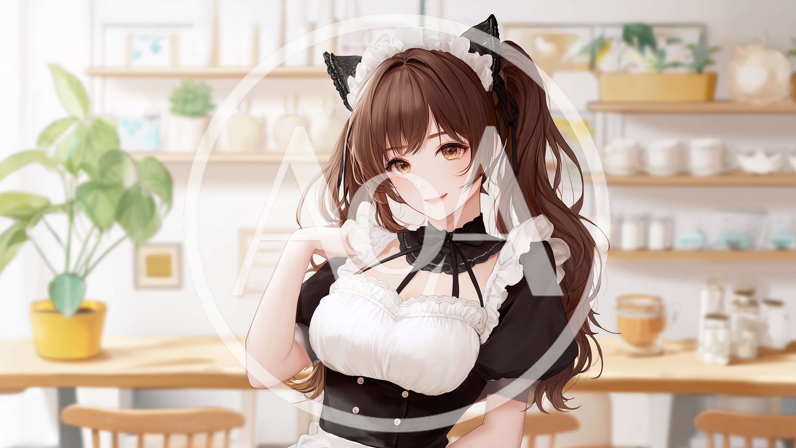 Anime Style Maid Girl With Cat Ears In Cafe