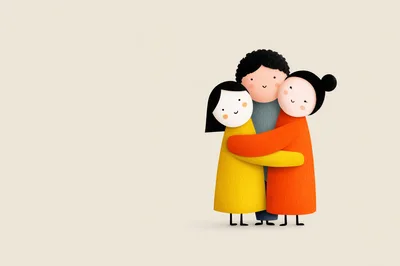 Three Friends Hugging In A Minimalist Illustration