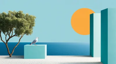 Seagull Perched on Minimalist Geometric Platform by the Sea