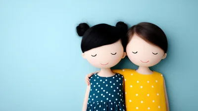 Two Cute Cartoon Dolls Hugging Against Blue Background