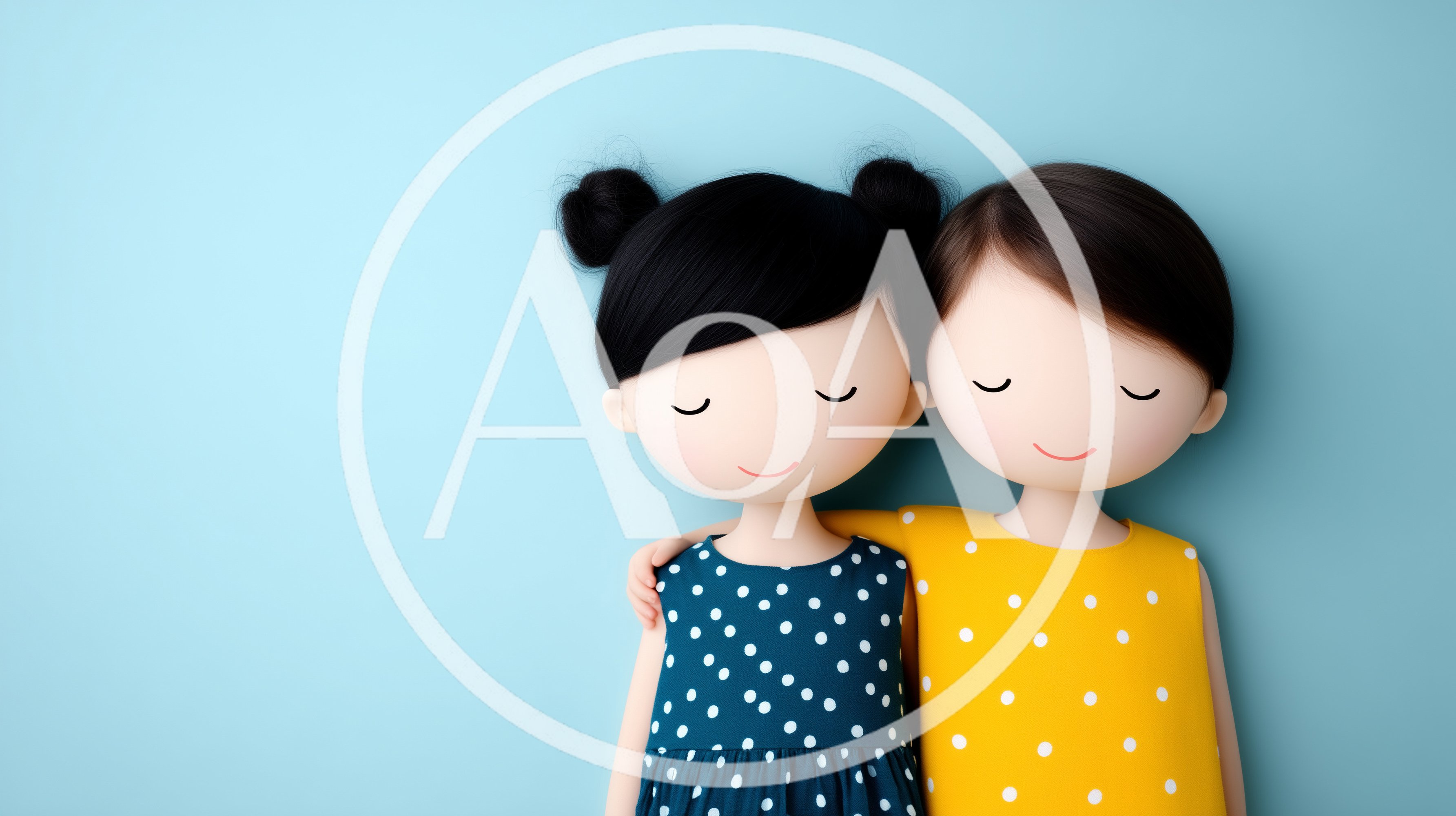Two Cute Cartoon Dolls Hugging Against Blue Background