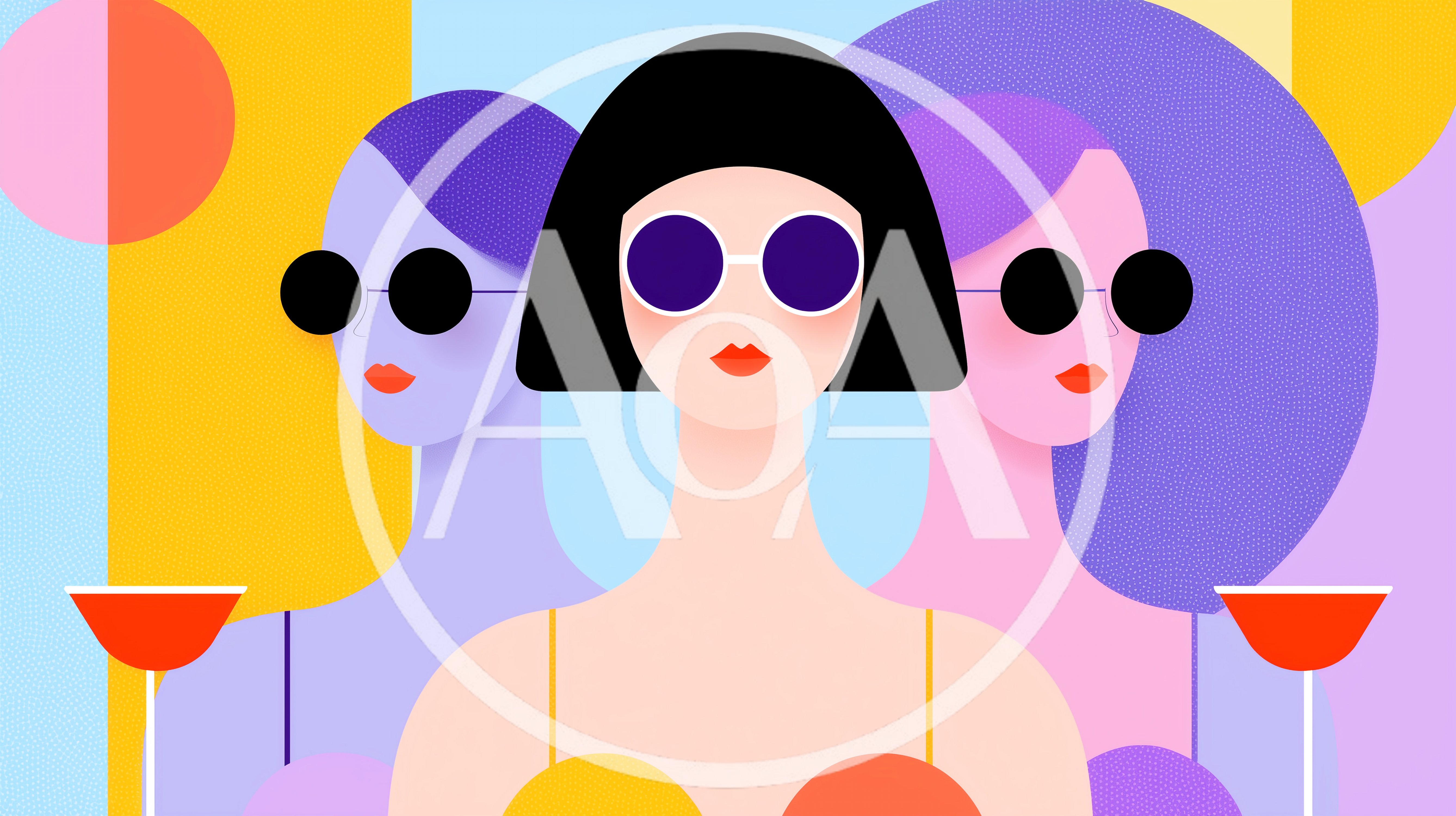 Three Stylish Women With Sunglasses And Cocktails