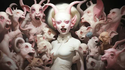 Surreal Portrait Of A Horned Girl Surrounded By Creatures