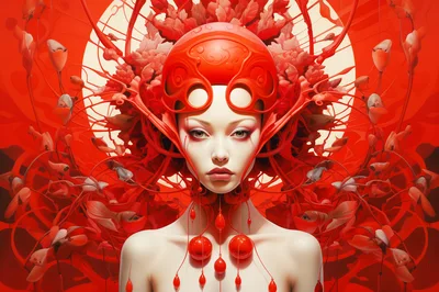 Surreal Portrait Of A Woman With Red Floral Ornamentation