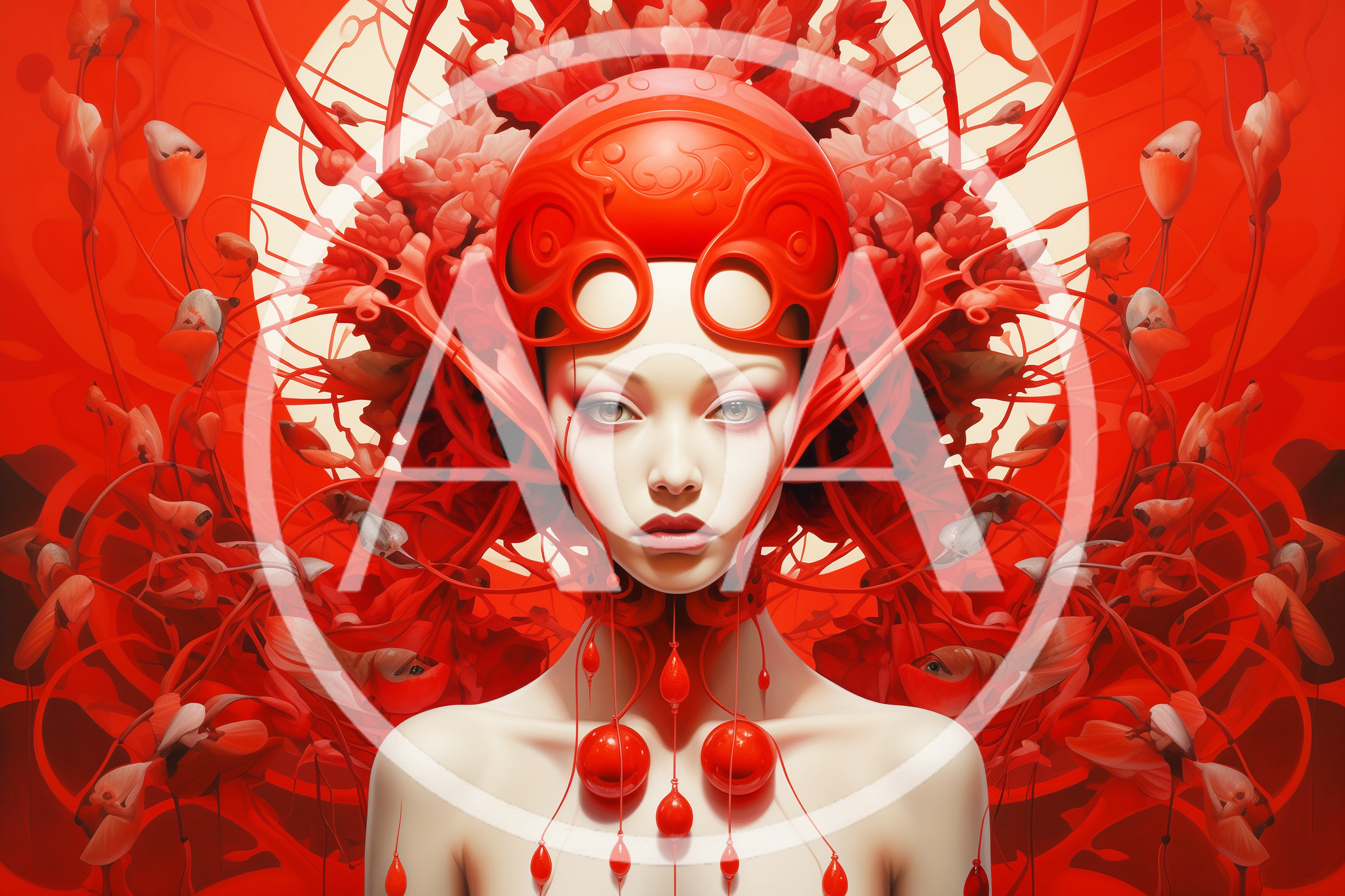 Surreal Portrait Of A Woman With Red Floral Ornamentation