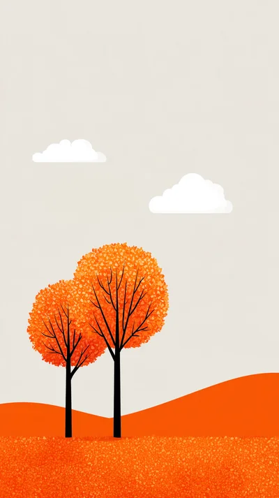 Minimalist Autumn Landscape With Two Orange Trees