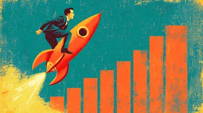Businessman Riding A Rocket Over A Growing Bar Chart