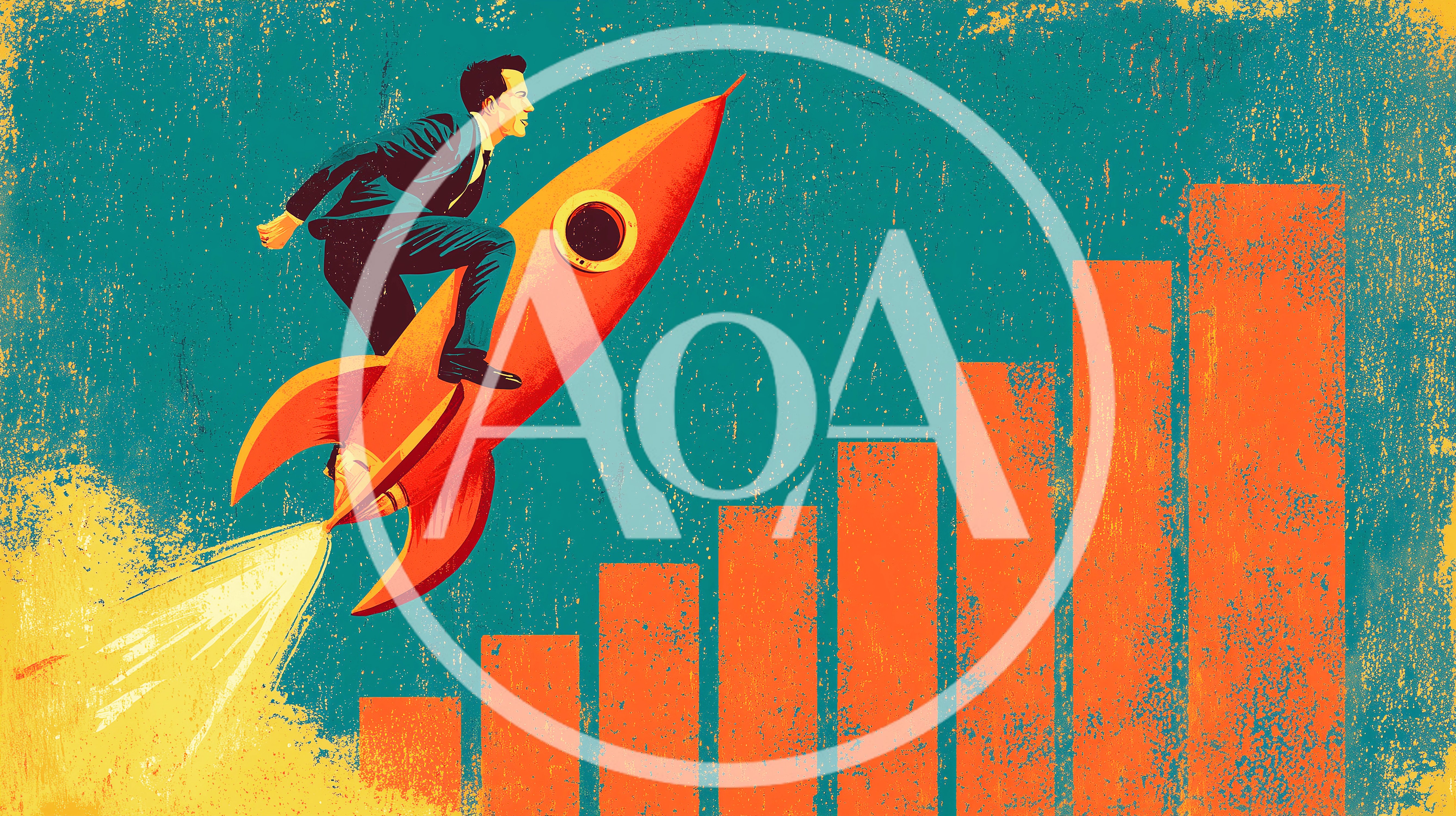 Businessman Riding A Rocket Over A Growing Bar Chart