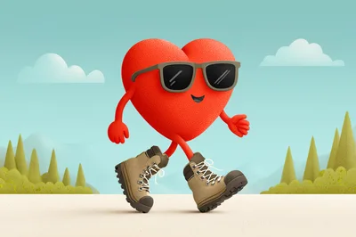 Cartoon Heart Character Hiking In Nature