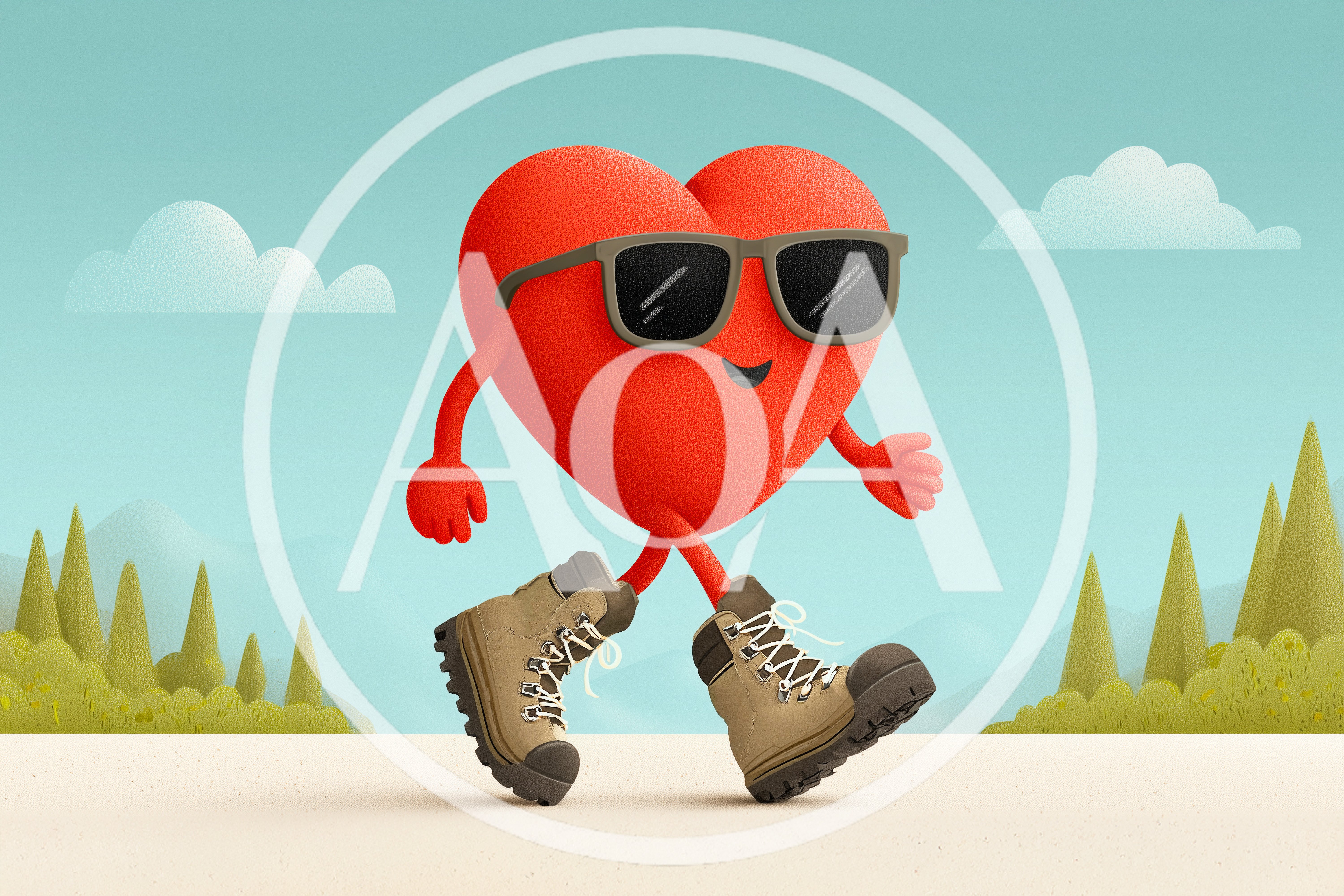 Cartoon Heart Character Hiking In Nature