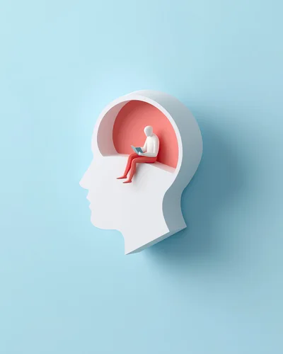 Minimalist 3D Illustration Of A Person Reading Inside A Head