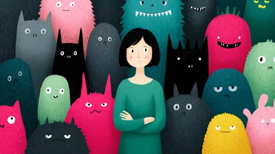 Young Woman Standing Surrounded By Colorful Cartoon Monsters