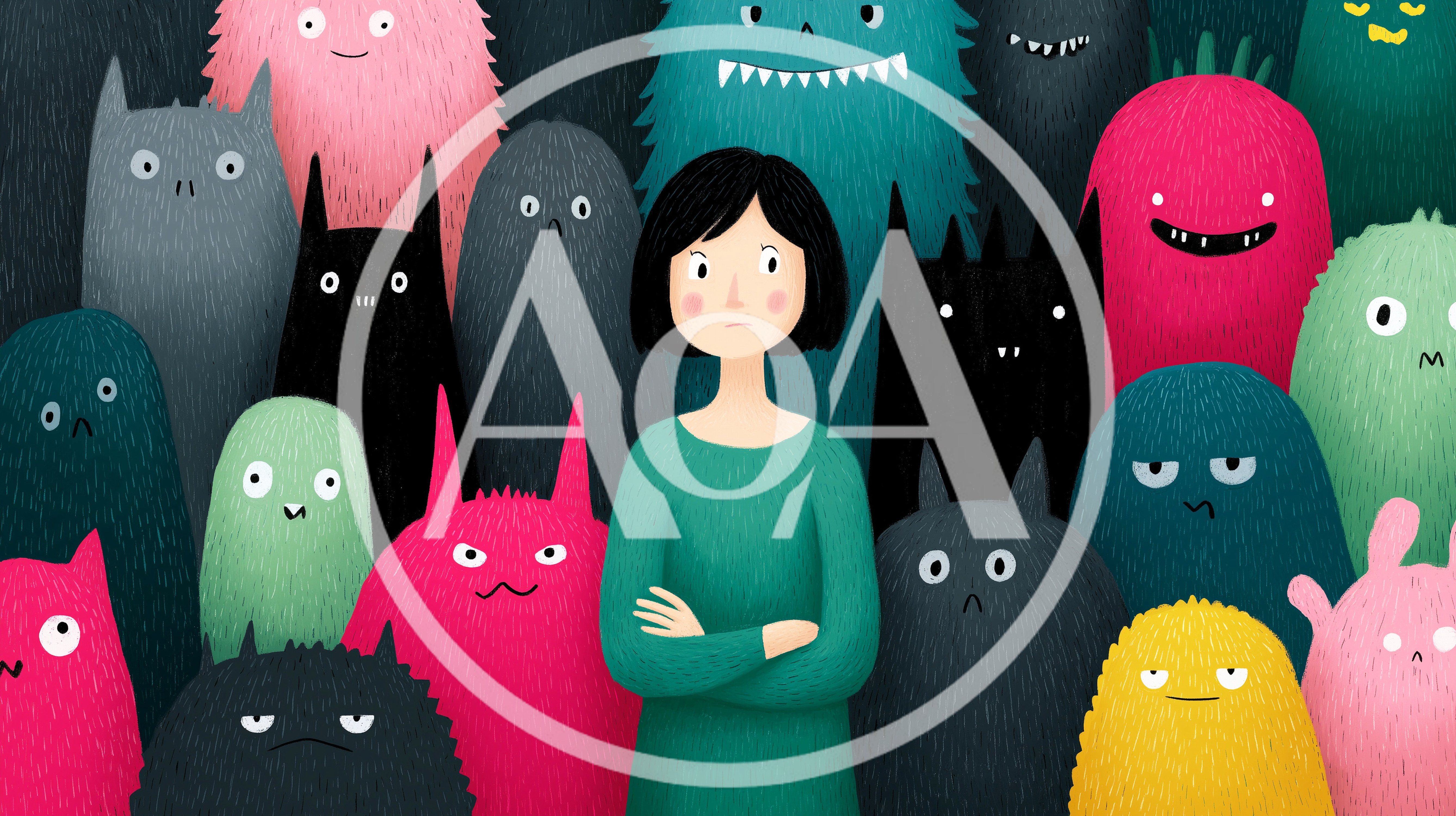 Young Woman Standing Surrounded By Colorful Cartoon Monsters