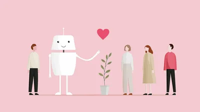 Friendly Robot Interacting With People And Plant