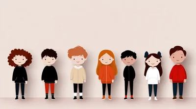 Group Of Diverse Cartoon Children Standing In A Row