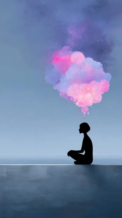 Silhouette Of A Person Meditating With Abstract Colorful Clouds
