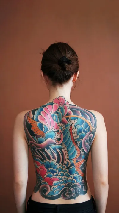 Woman With Large Colorful Japanese Style Back Tattoo