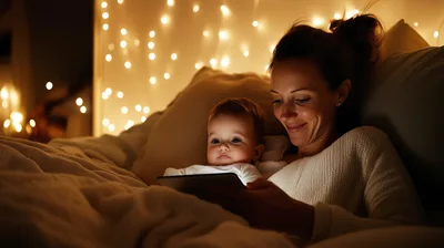 Mother And Baby Using Tablet In Bed