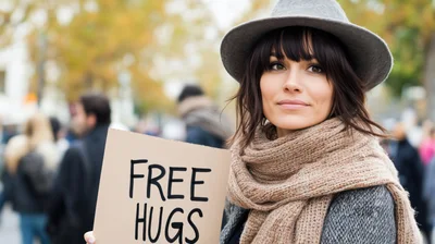 Young Woman Holding Free Hugs Sign In Public