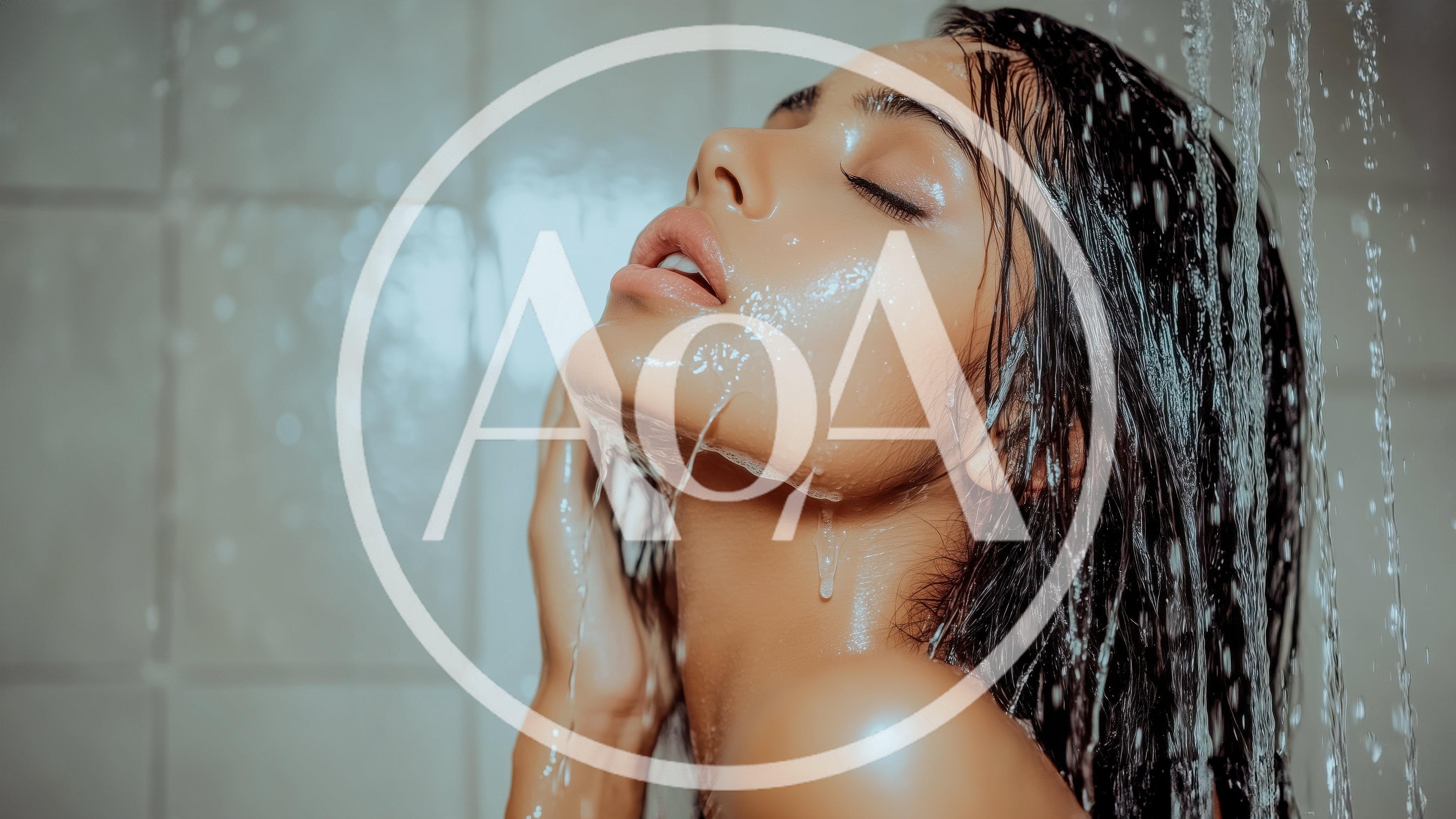 Young Woman Washing Face Under Shower
