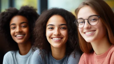 Three Diverse Young Women Smiling Together