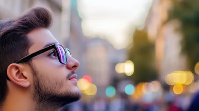 Young Man Wearing Glasses Looking Upwards