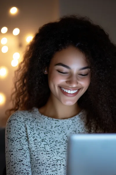 Young Woman Smiling While Using A Tablet At Night