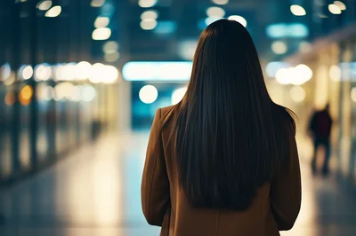 Woman With Long Dark Hair Standing In Modern Hallway