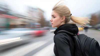 Young Woman Walking Past Fast Moving Traffic