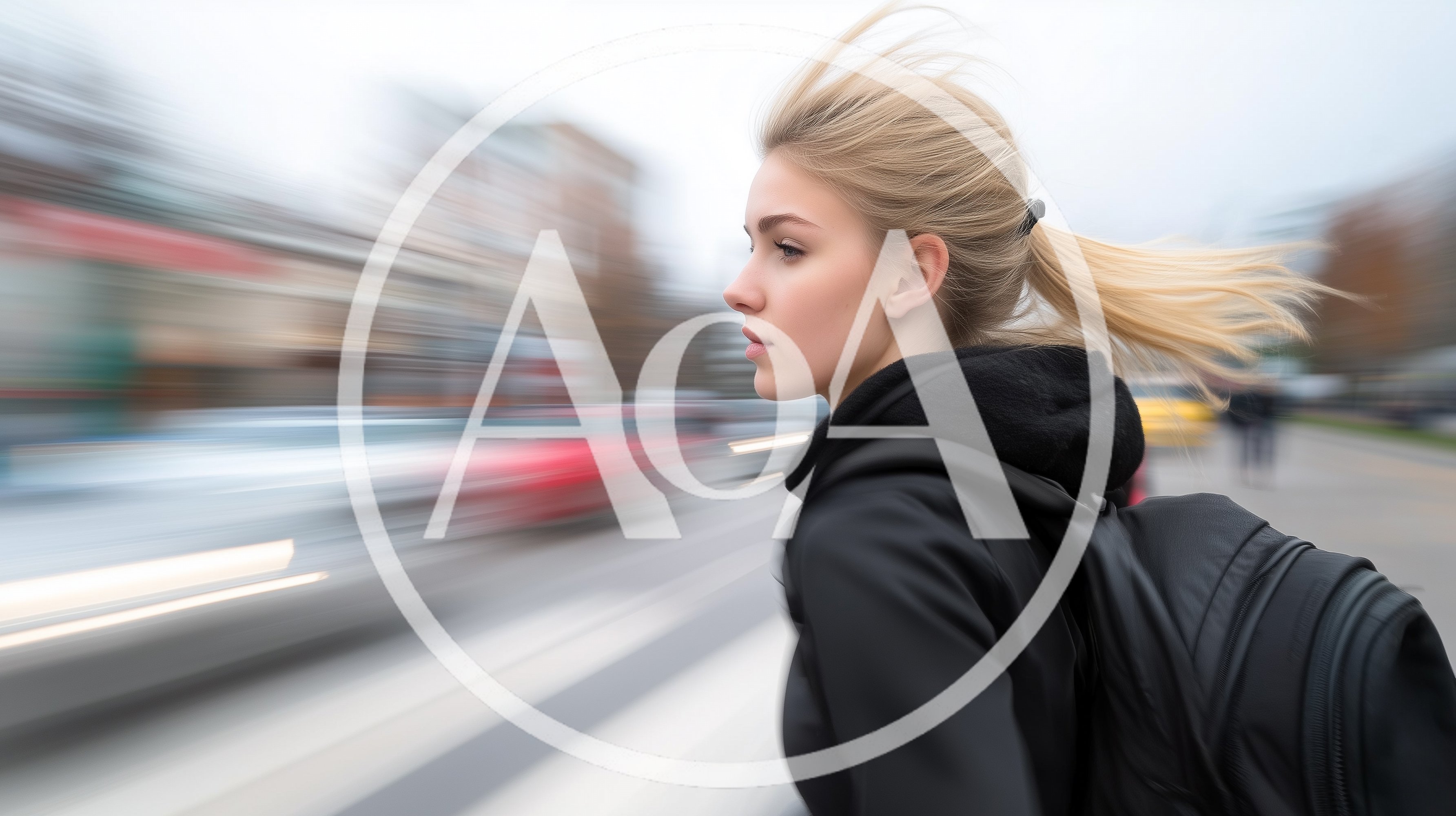 Young Woman Walking Past Fast Moving Traffic