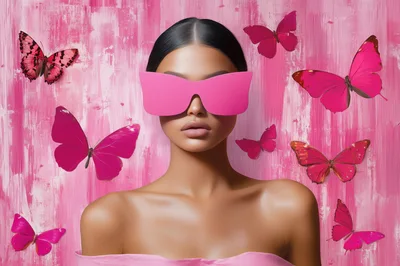 Fashion Portrait Of Woman With Pink Butterflies