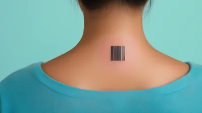 Barcode Tattoo On The Back Of A Woman Neck