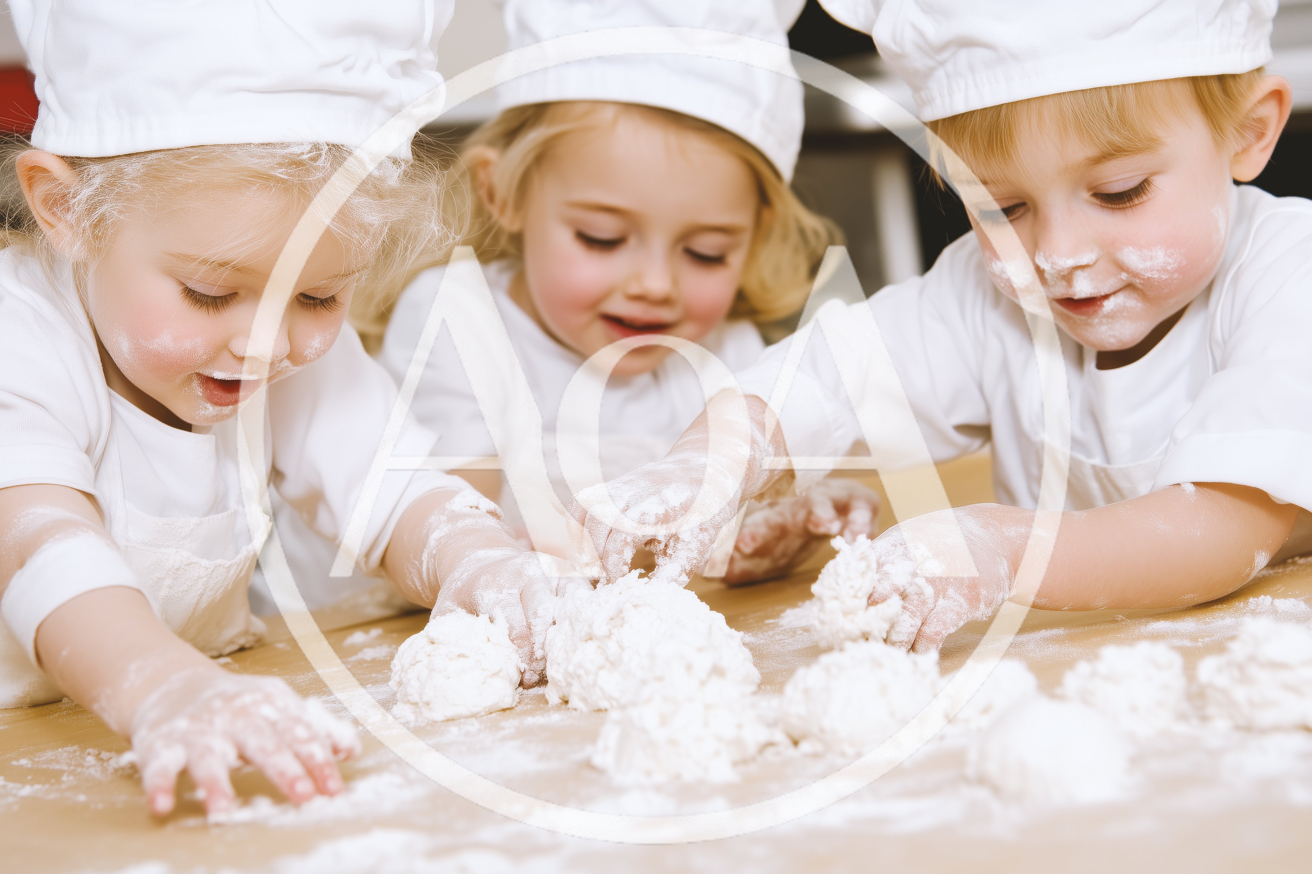 Three Toddlers Playing With Flour In Chef Hats