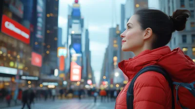 Young Woman Exploring Times Square In Red Jacket