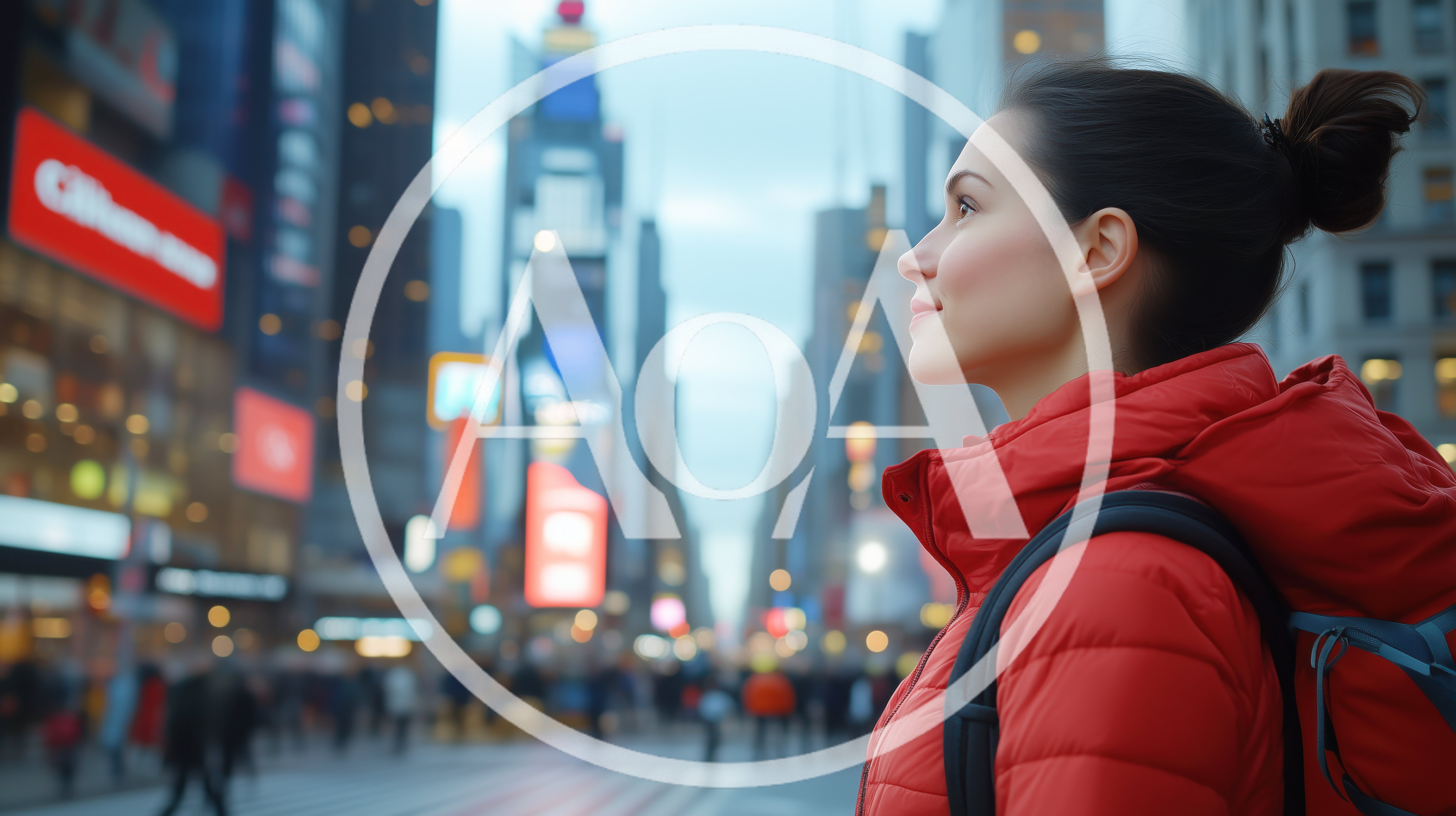 Young Woman Exploring Times Square In Red Jacket