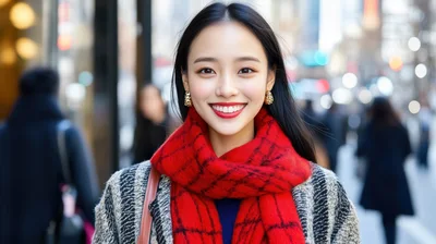 Young Asian Woman Smiling In A Busy City Street