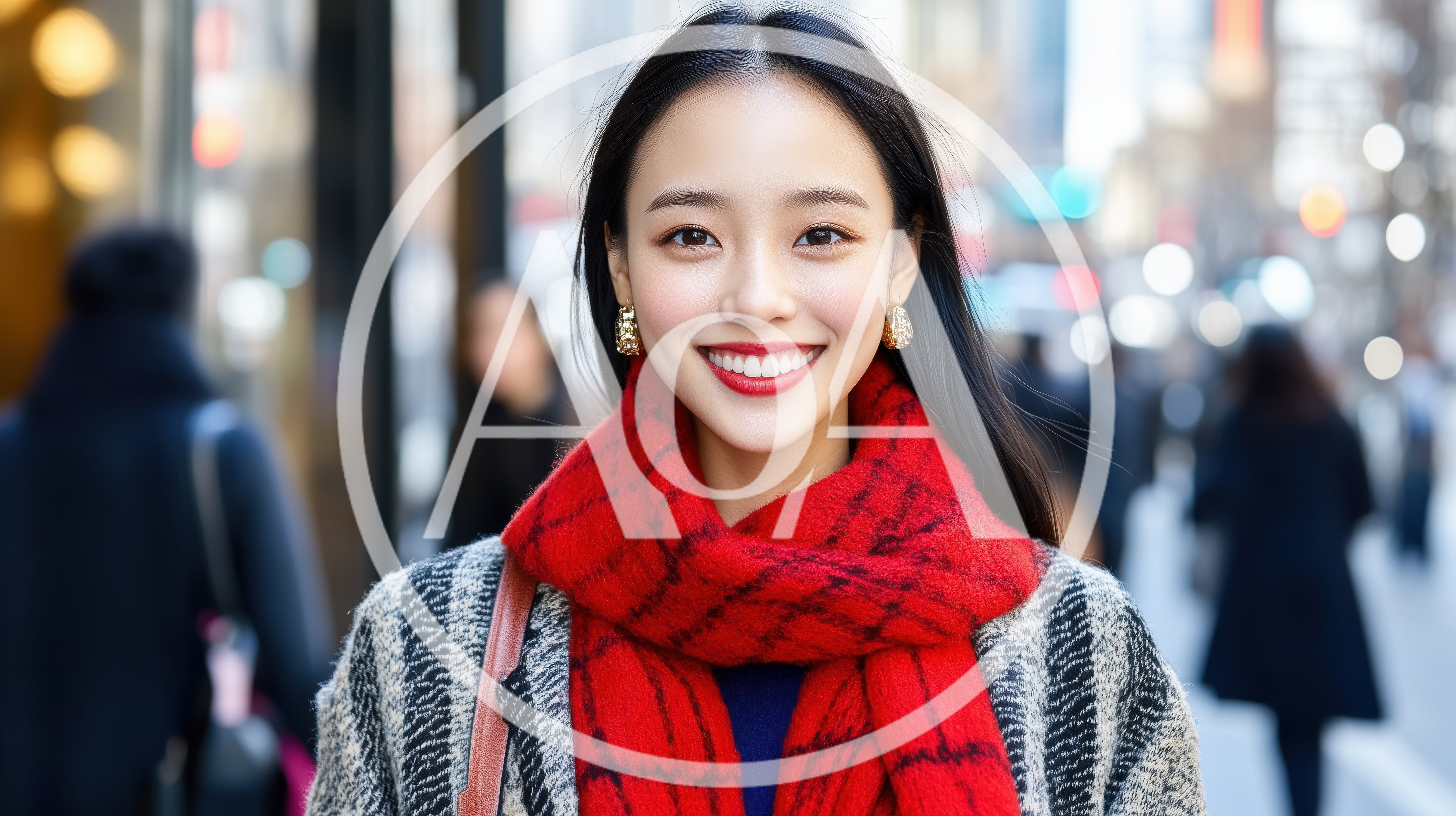 Young Asian Woman Smiling In A Busy City Street