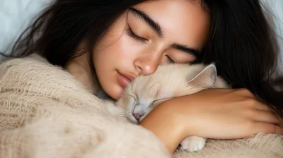 Young Woman Cuddling Her Sleeping Kitten