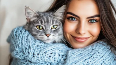 Young Woman Embracing Her Fluffy Gray Tabby Cat