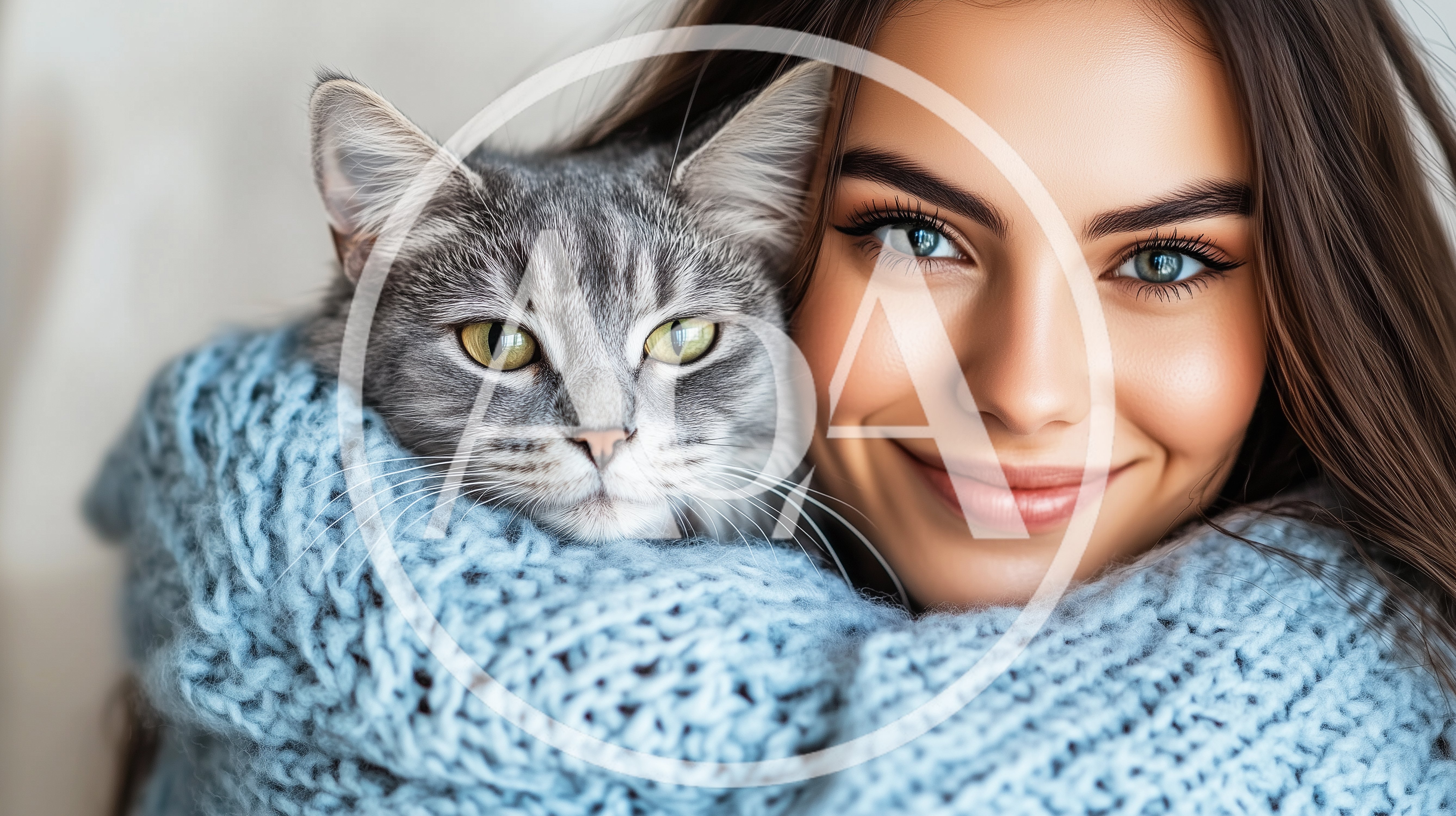Young Woman Embracing Her Fluffy Gray Tabby Cat