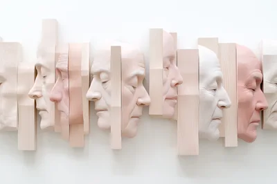 Abstract Sculptural Faces Integrated Into Wooden Planks