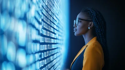 Professional Woman Analyzing Digital Binary Data Stream