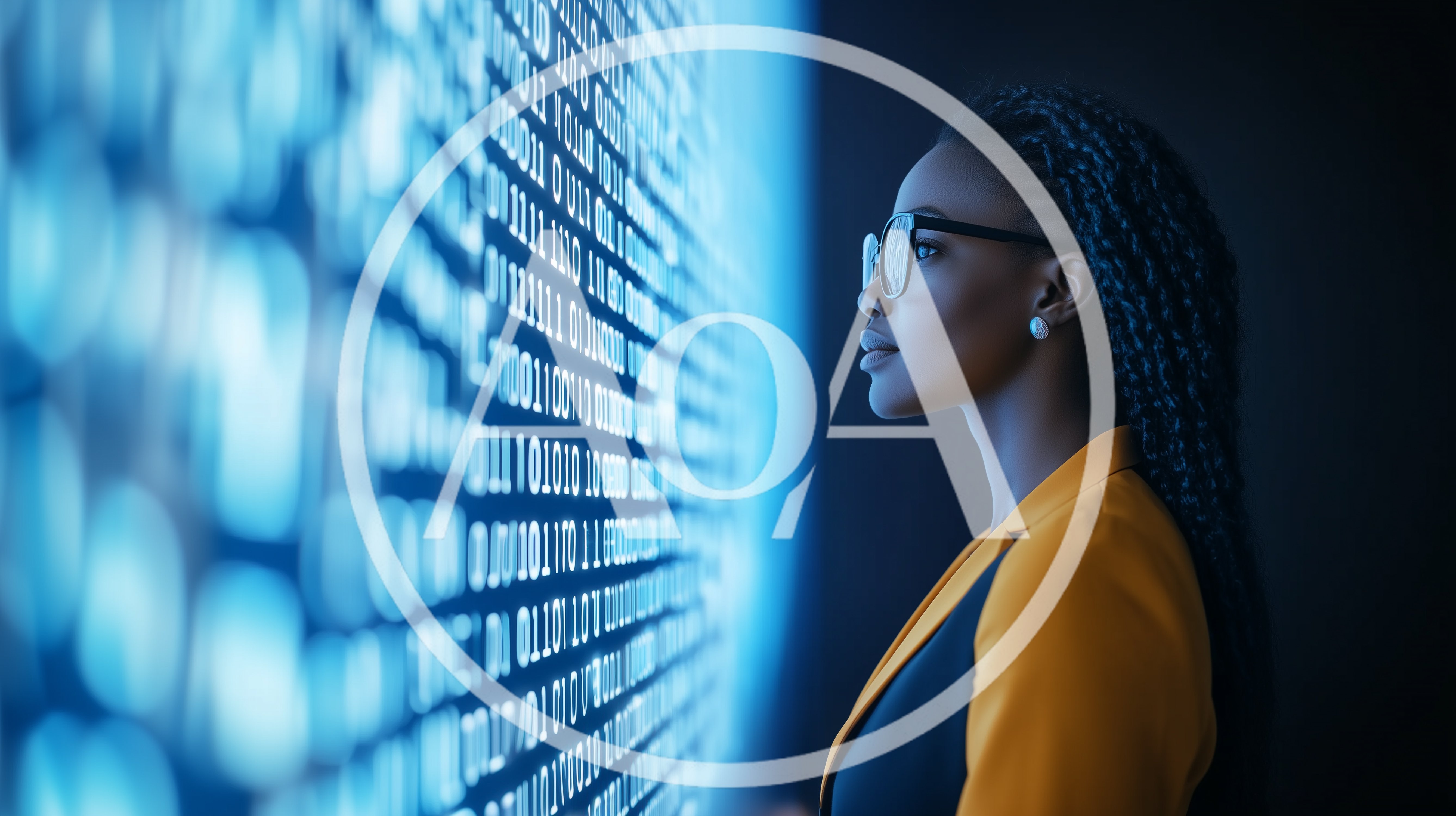 Professional Woman Analyzing Digital Binary Data Stream