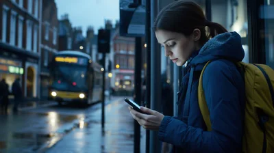 Young Woman Waiting At Bus Stop Using Smartphone