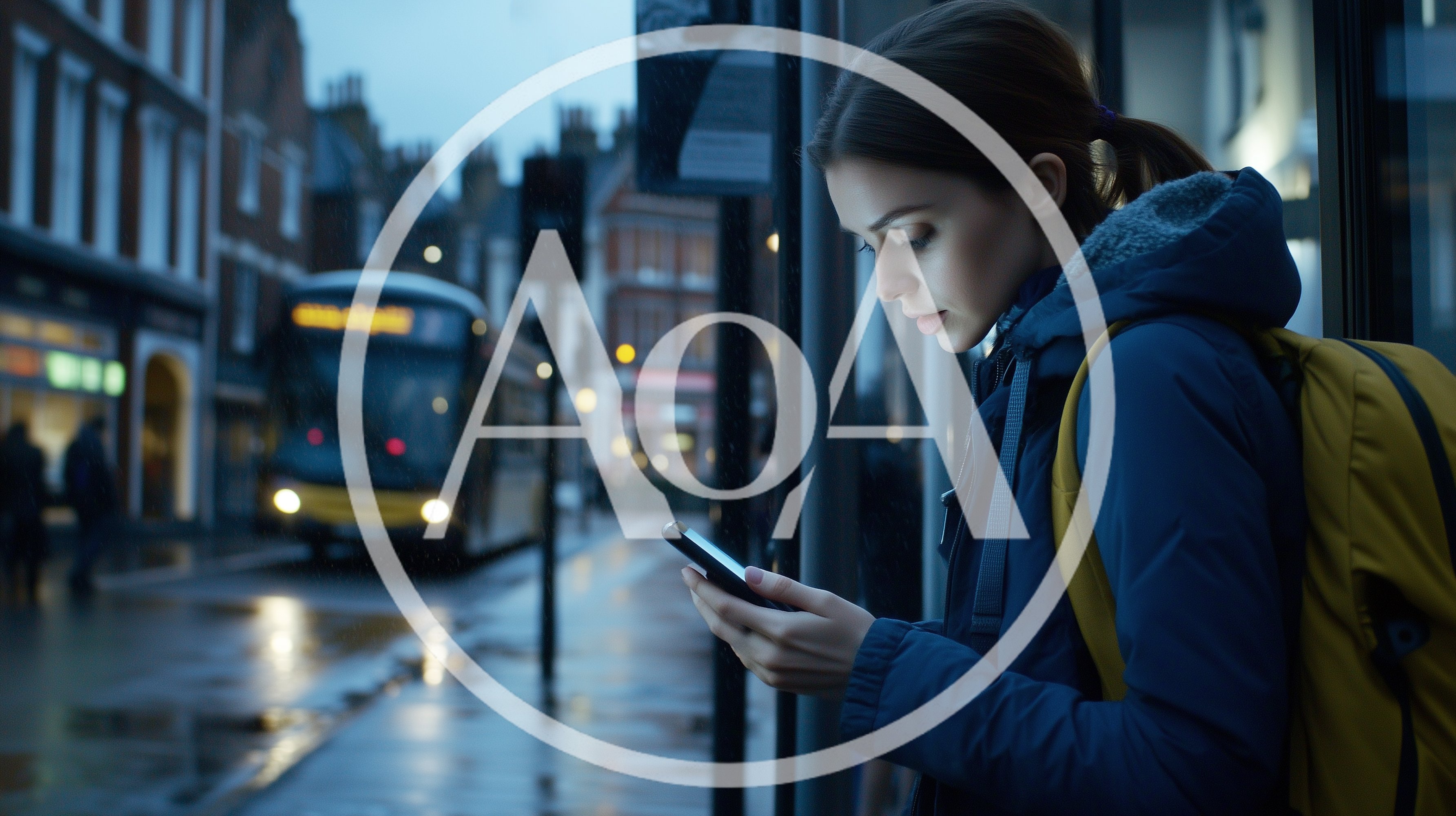 Young Woman Waiting At Bus Stop Using Smartphone