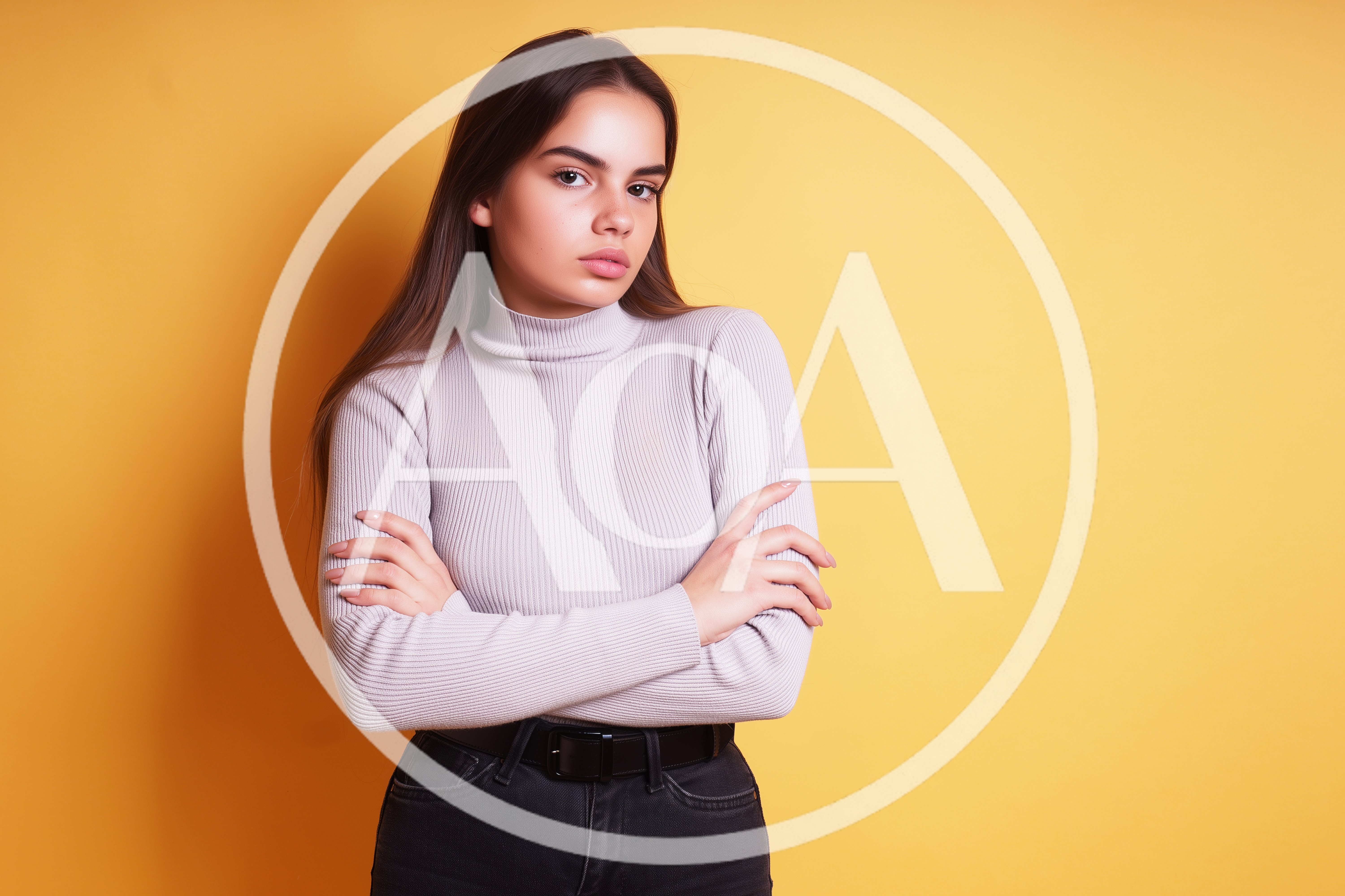 Young Woman With Crossed Arms Posing Against Yellow Background