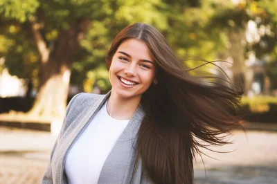 Smiling Young Woman With Flowing Hair Outdoors